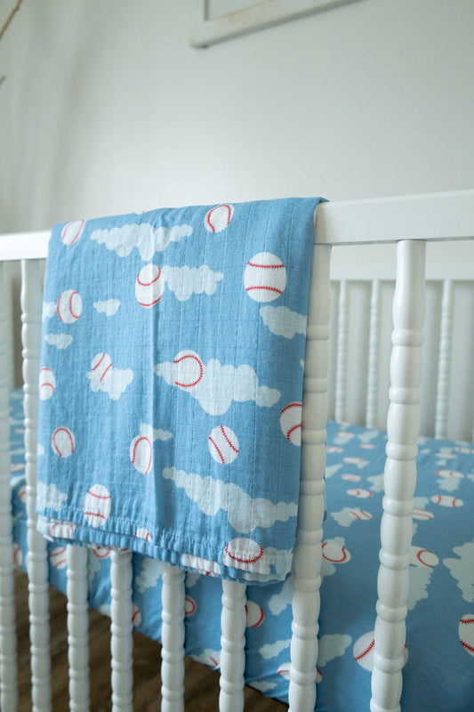 Organic Bamboo Cotton Muslin Swaddle Blanket in Baseballs in the Sky
