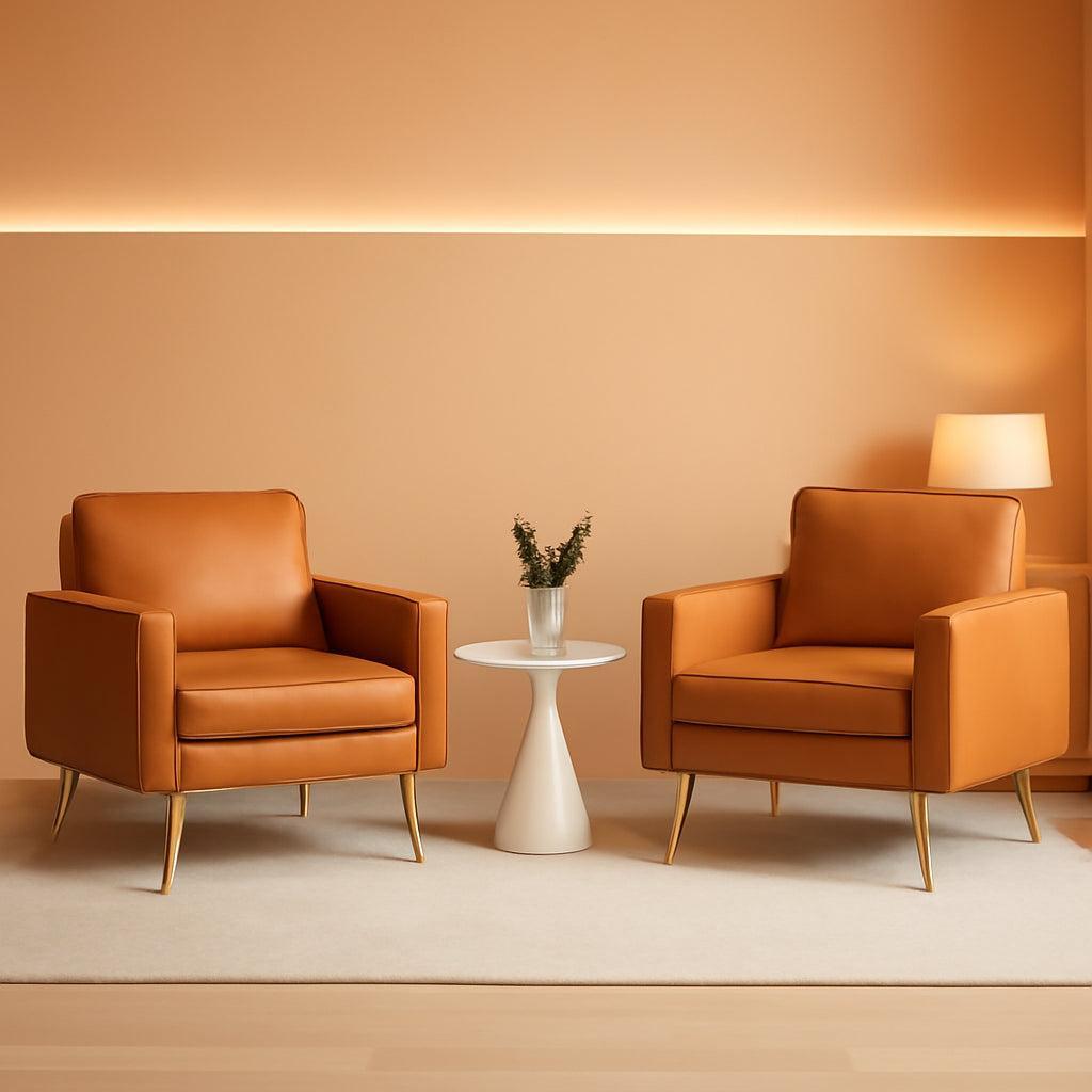 Brown PU Leather Accent Chairs Set Of 2 With Gold Legs