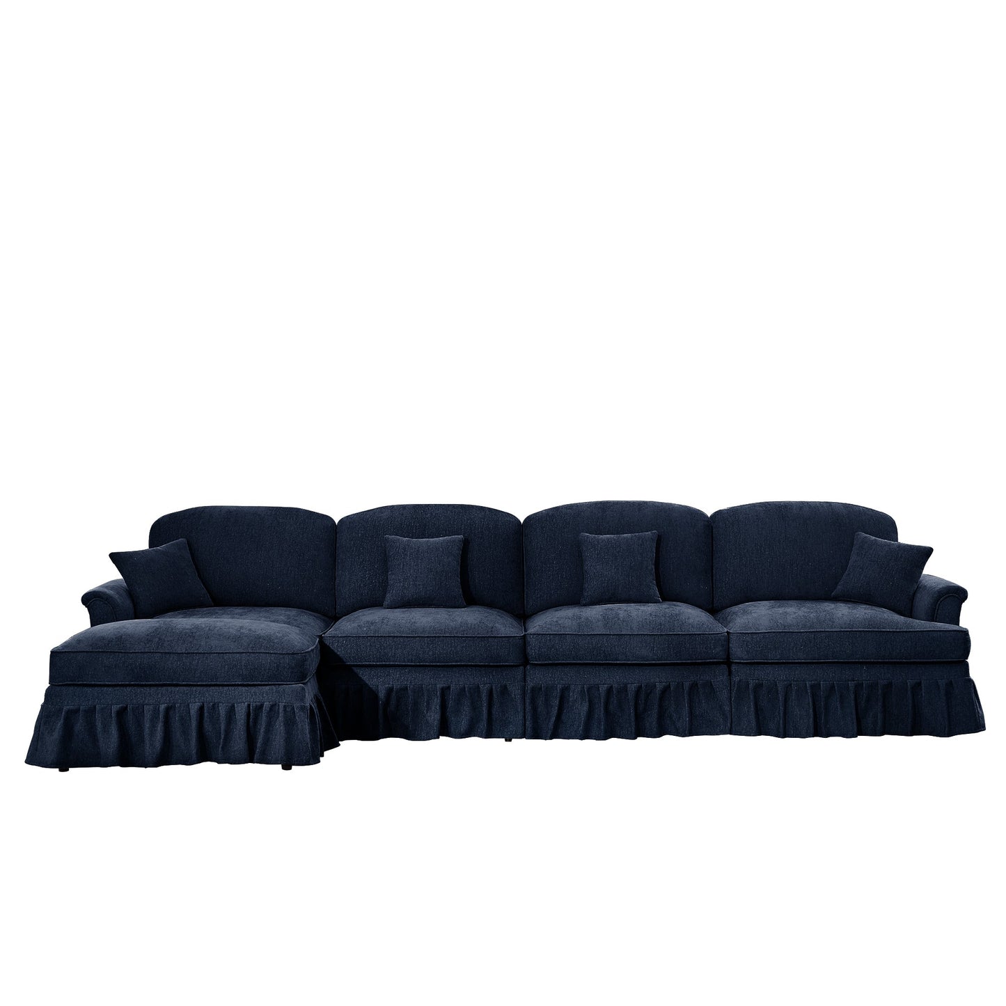 Classic Three Seater Modular L Shaped Sectional Couch with Flared Arms and Removable Ruffles Pleats Skirts and Spindle Legs, Comfy Chenille Four-Seat Deep Seat Sofa with Movable Ottoman, Blue