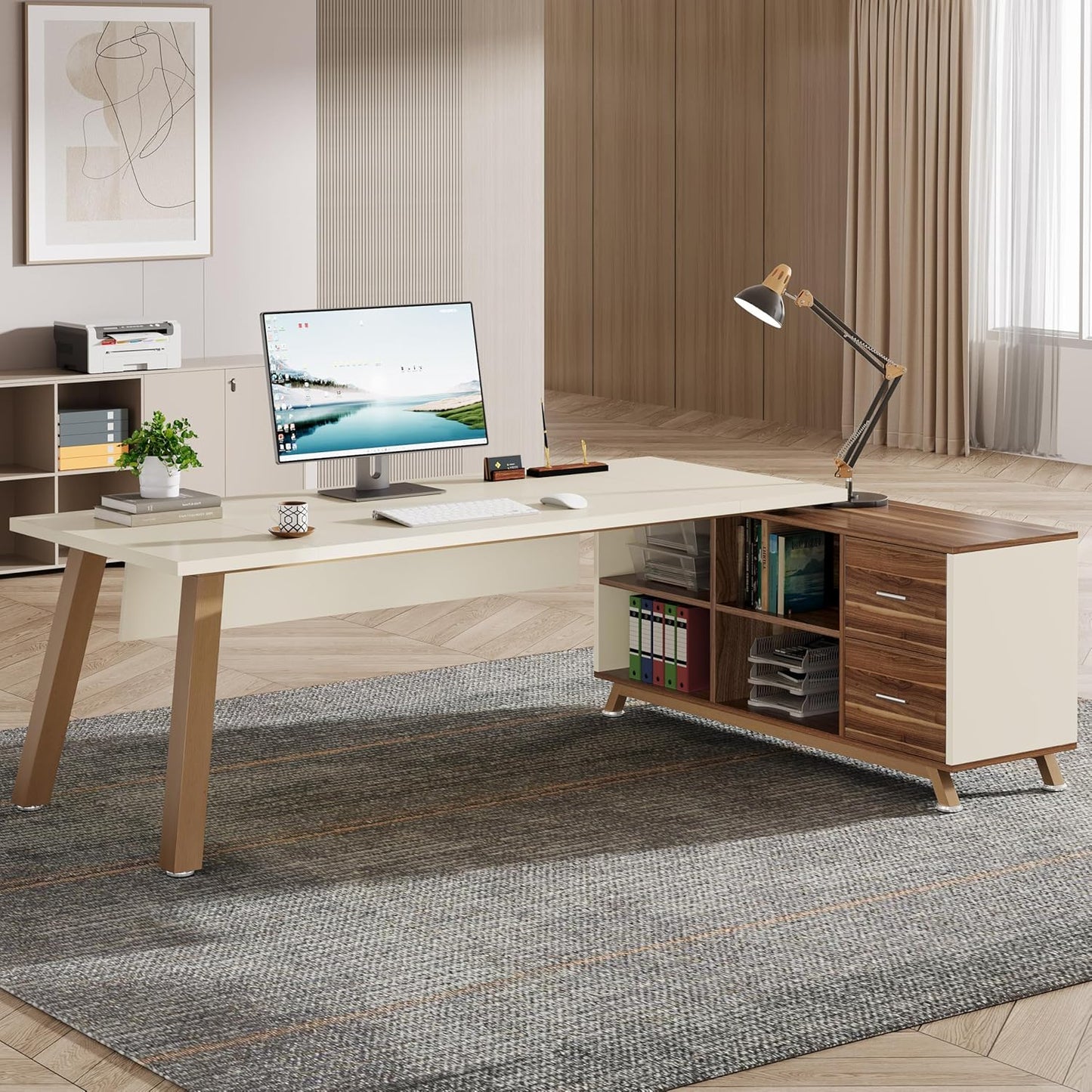 78.7" L-Shaped Executive Desk with 55" File Cabinet