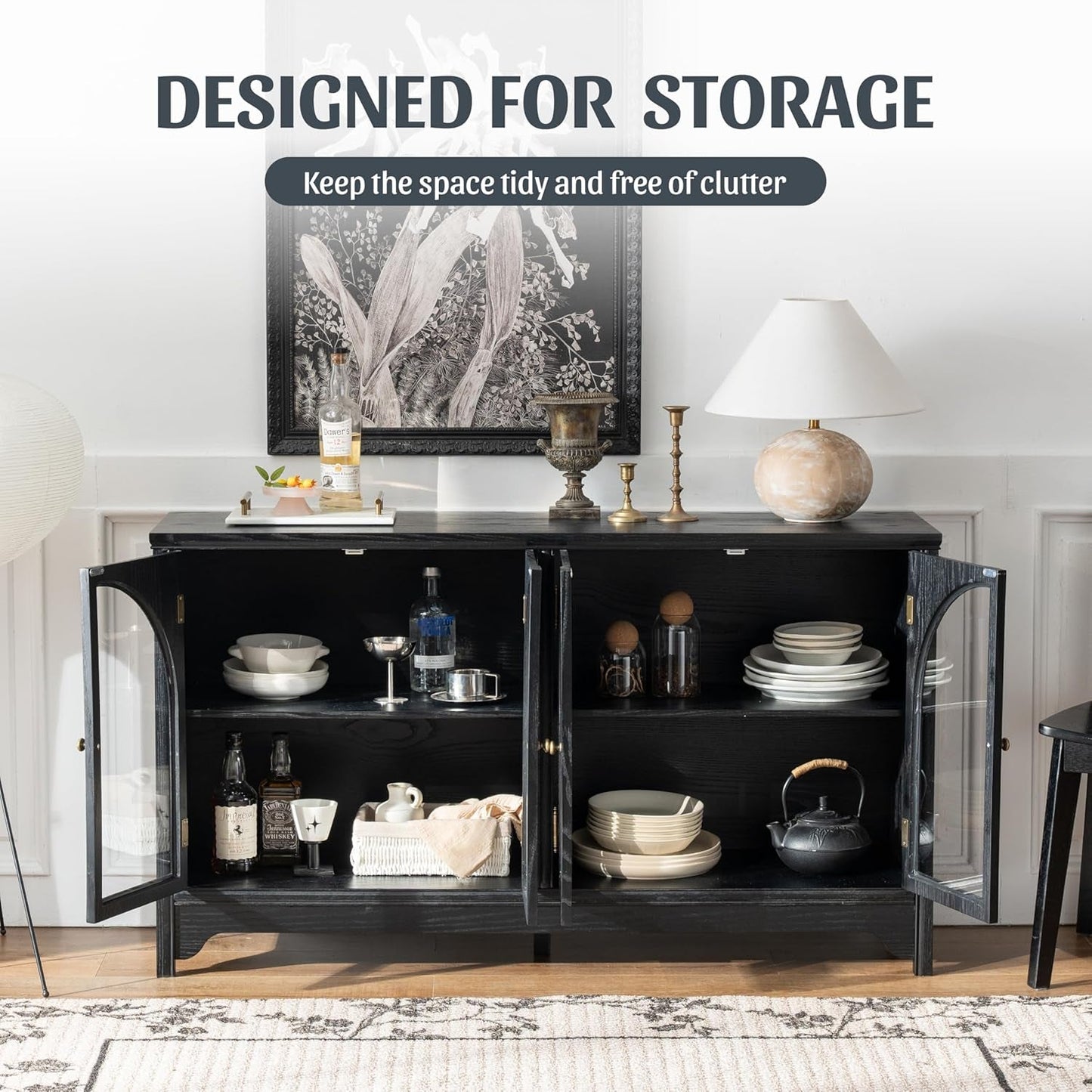 55 Inch Solid Wood Buffet Cabinet Farmhouse Sideboard Black