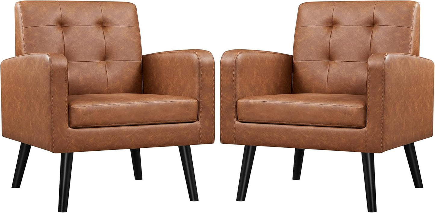 Brown PU Leather Midcentury Upholstered Ergonomic Armchair