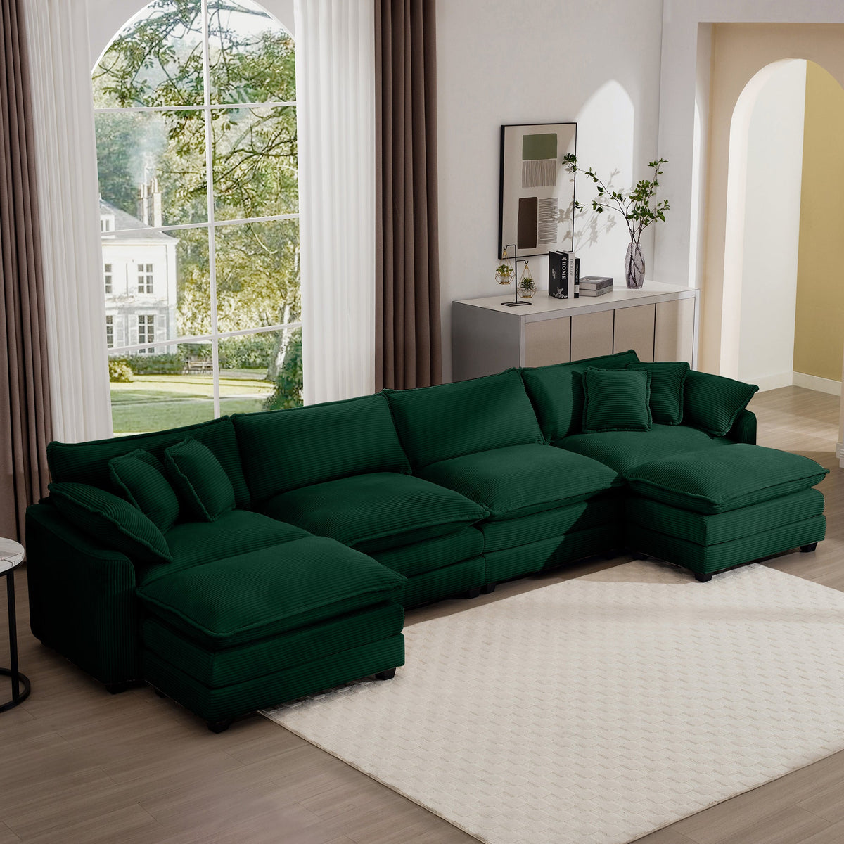 Corduroy Sofa - Modern Upholstered 4 Seater with Footstools