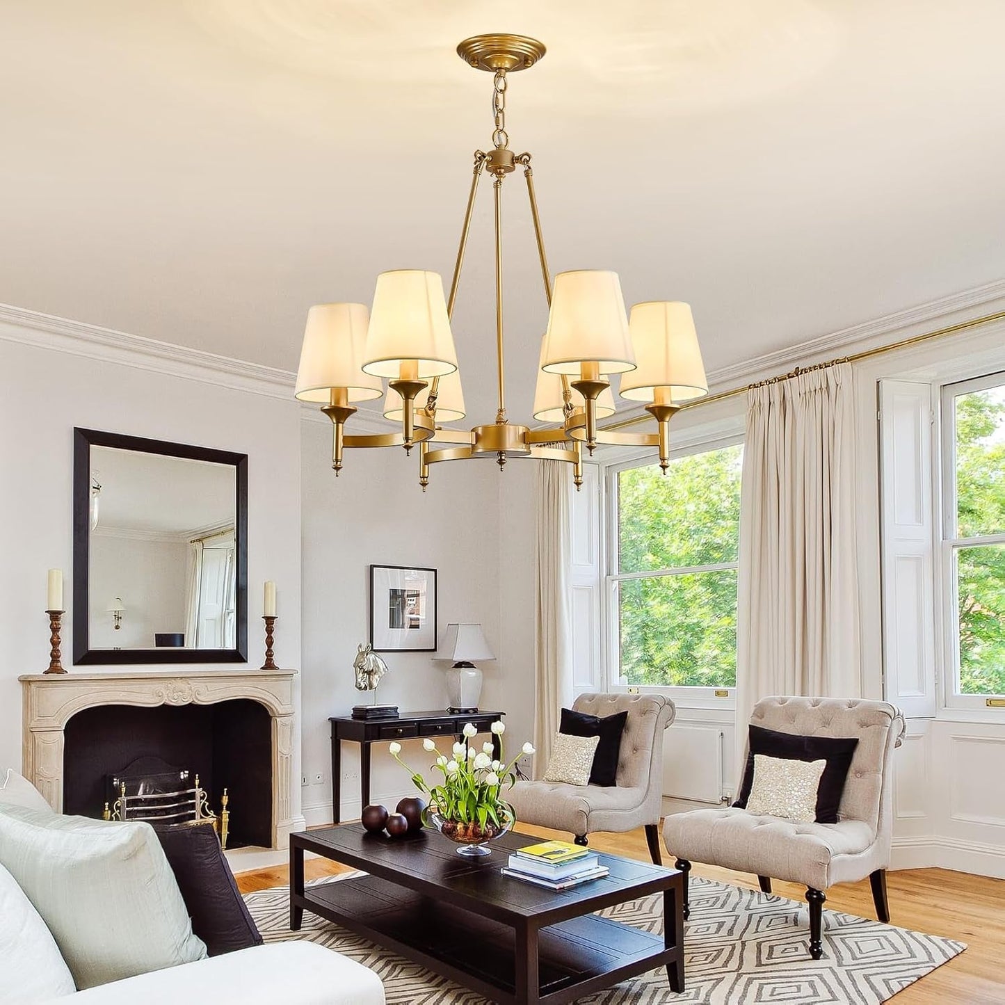 Gold Wagon Wheel Chandelier With White Linen Shade 6 Light