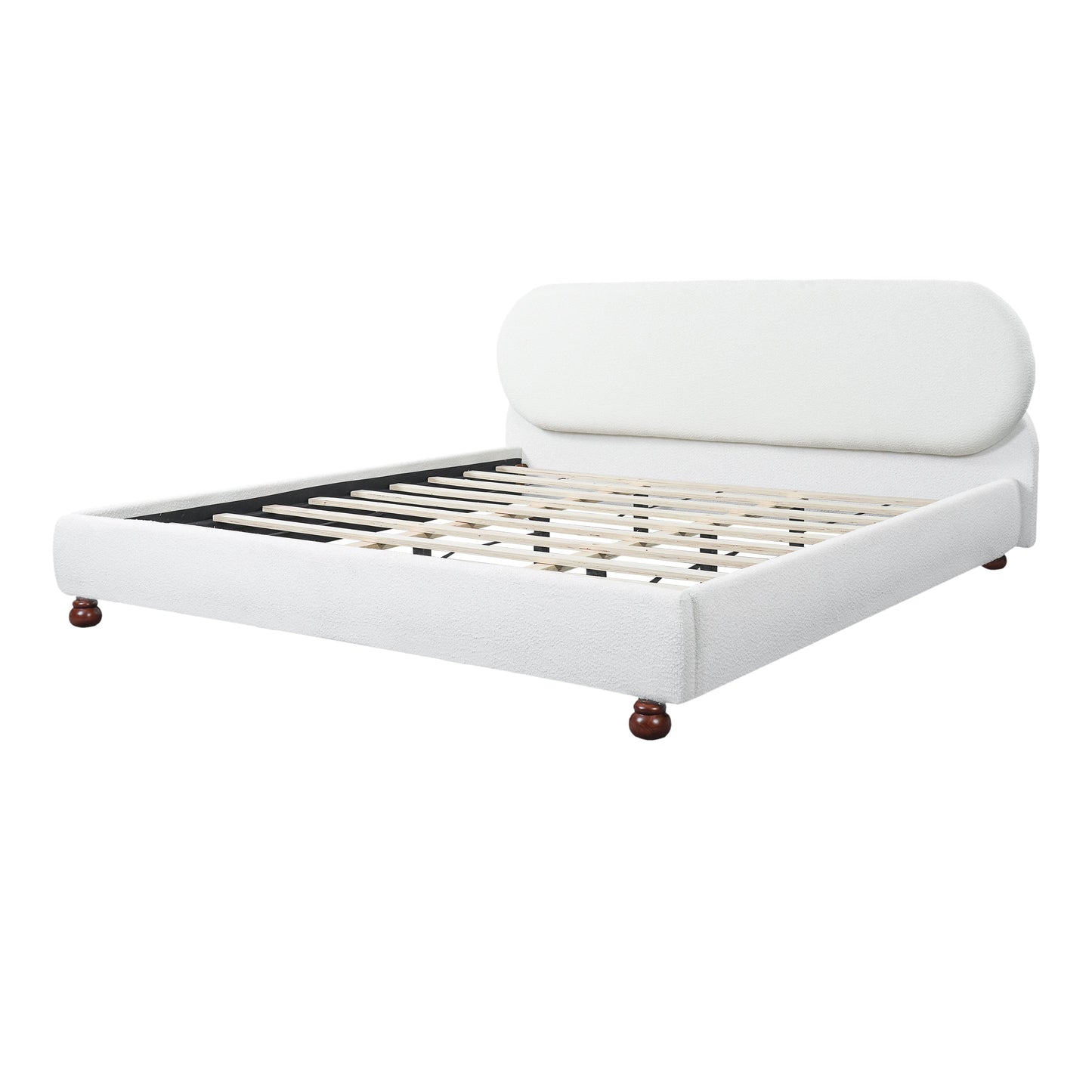 Cream-Colored Boucle Upholstered Bed with Rubber Wood Foot - King