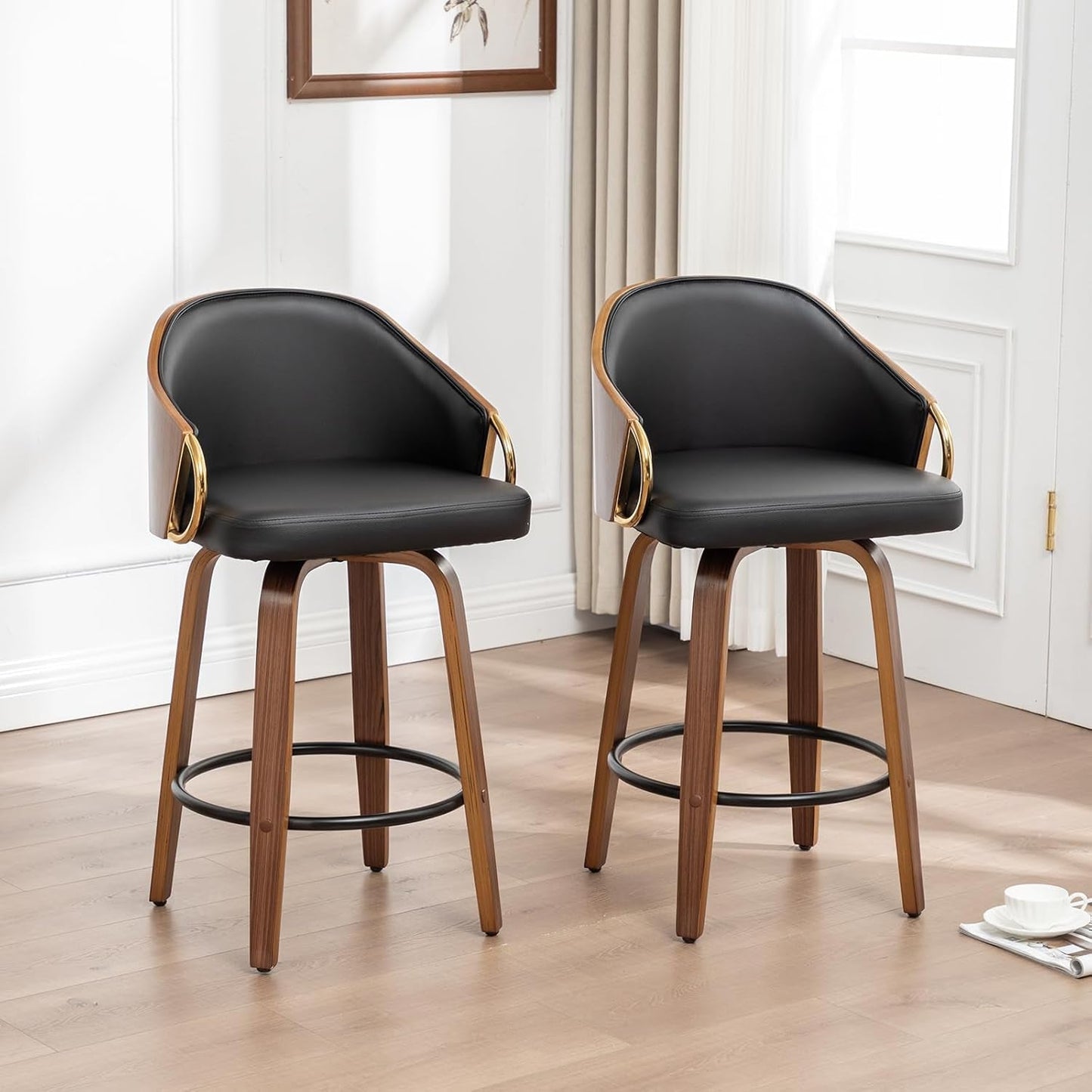 26 Inch Swivel Barstools Set of Two Black Leather