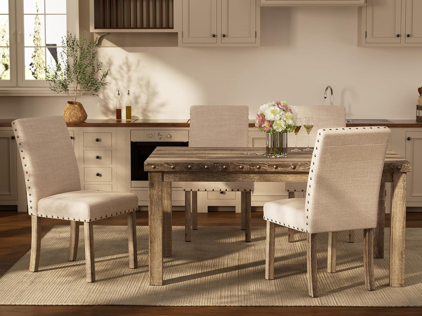 Rustic Dining Table Set Six NailheadAccents Chairs