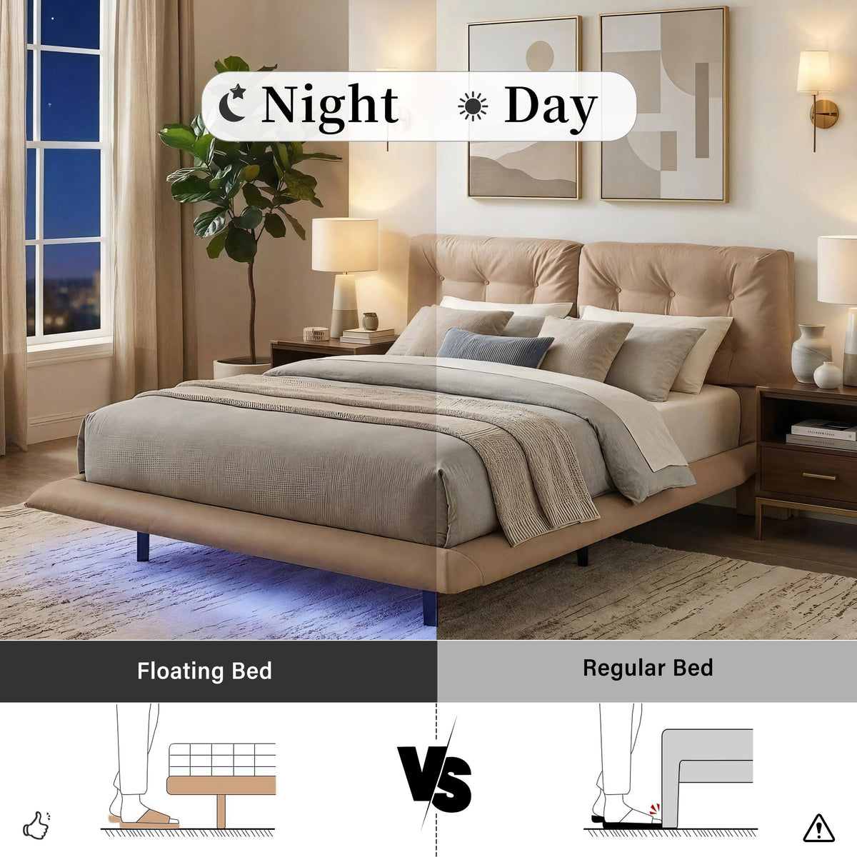 Queen Size Upholstered Floating Bed Frame with LED Lights