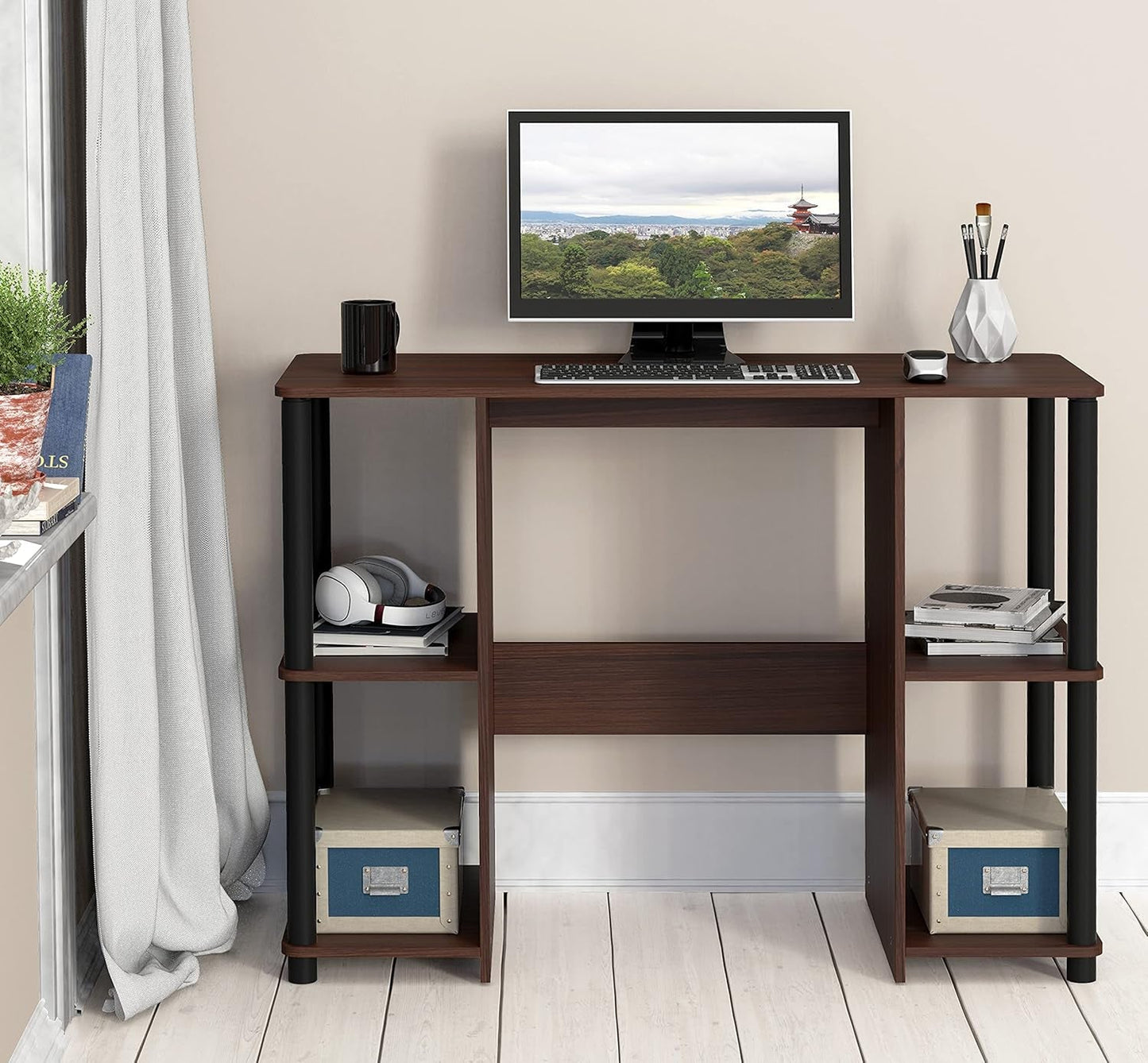 38 Inch Home Office Desk With Double Sided Shelves Cherry