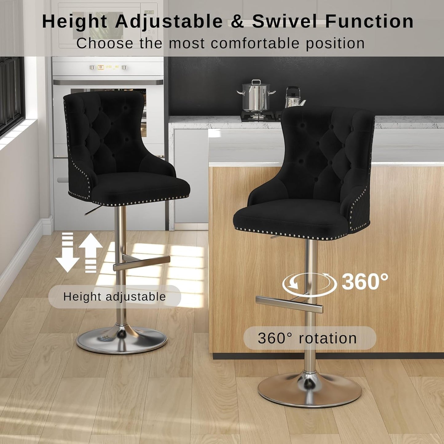 Elegant Velvet Bar Stool Set With Swivel Chrome Base