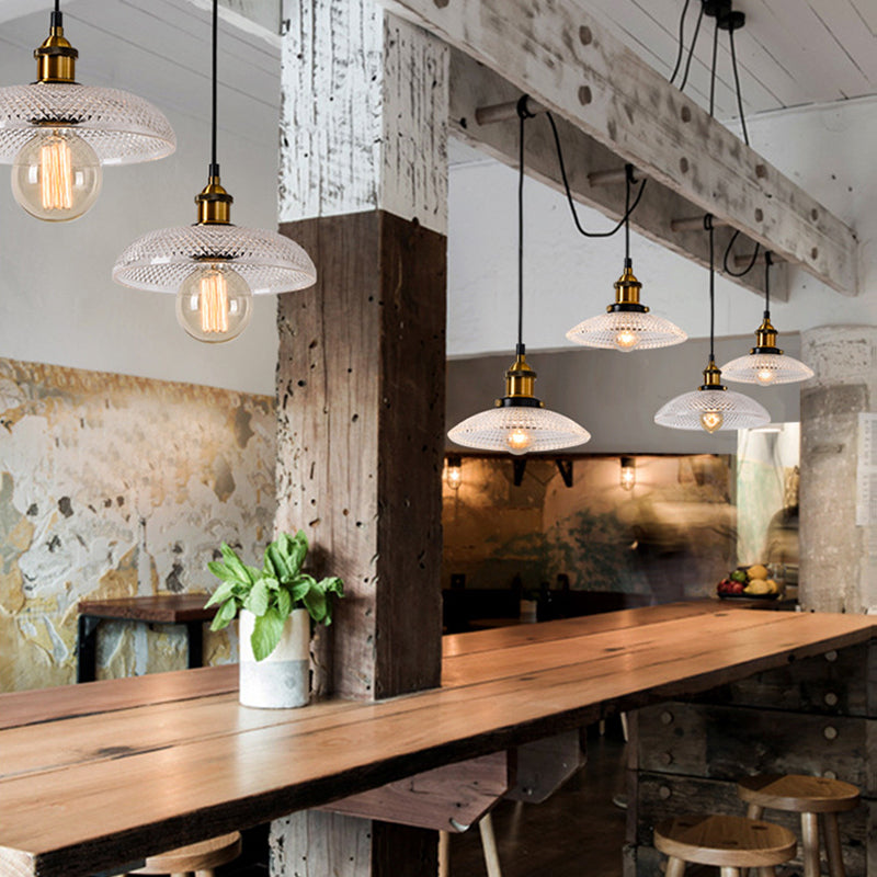 sabelle's Grid Glass Ceiling Light with Brass Bowl Shade - Industrial Elegance for Kitchens