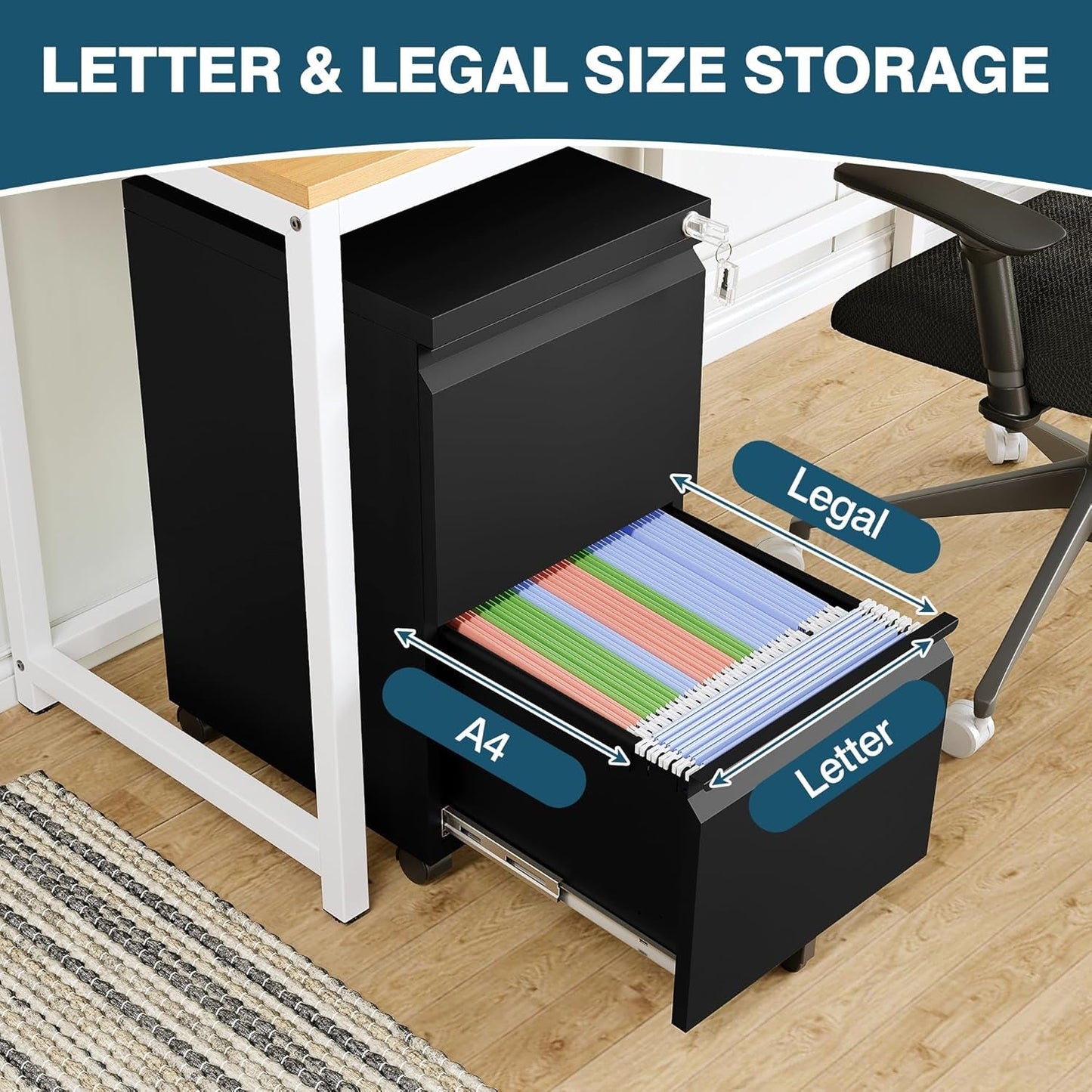 2 Drawer Mobile File Cabinet On Wheels Black For Home Office Under Desk Filing Legal Letter A4