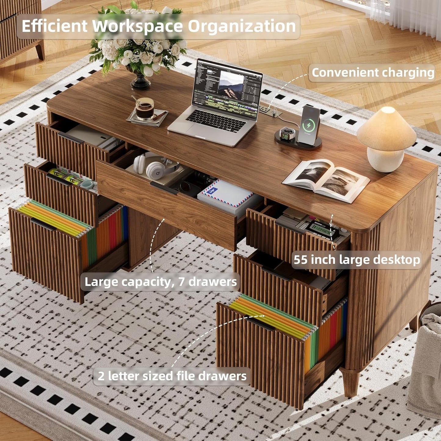 55 Inch Walnut Finish Executive Desk With Charging Port Unit