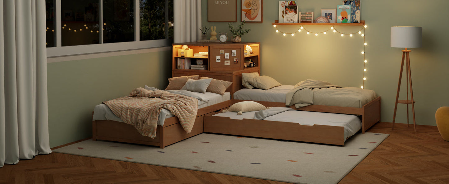 L-Shaped Combination Twin Bed Frame with Trundle and Drawer