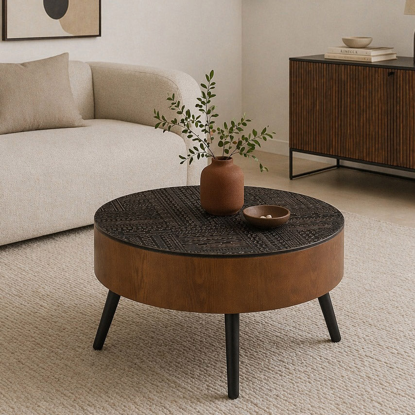 31.5" Round Carved Coffee Table with Storage Space