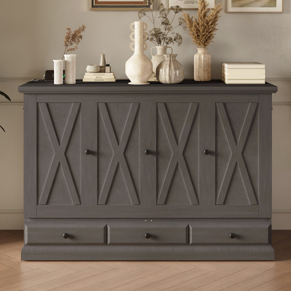 Farmhouse Style Solid Pine Wood Murphy Bed Chest Cube Cabinet Bed