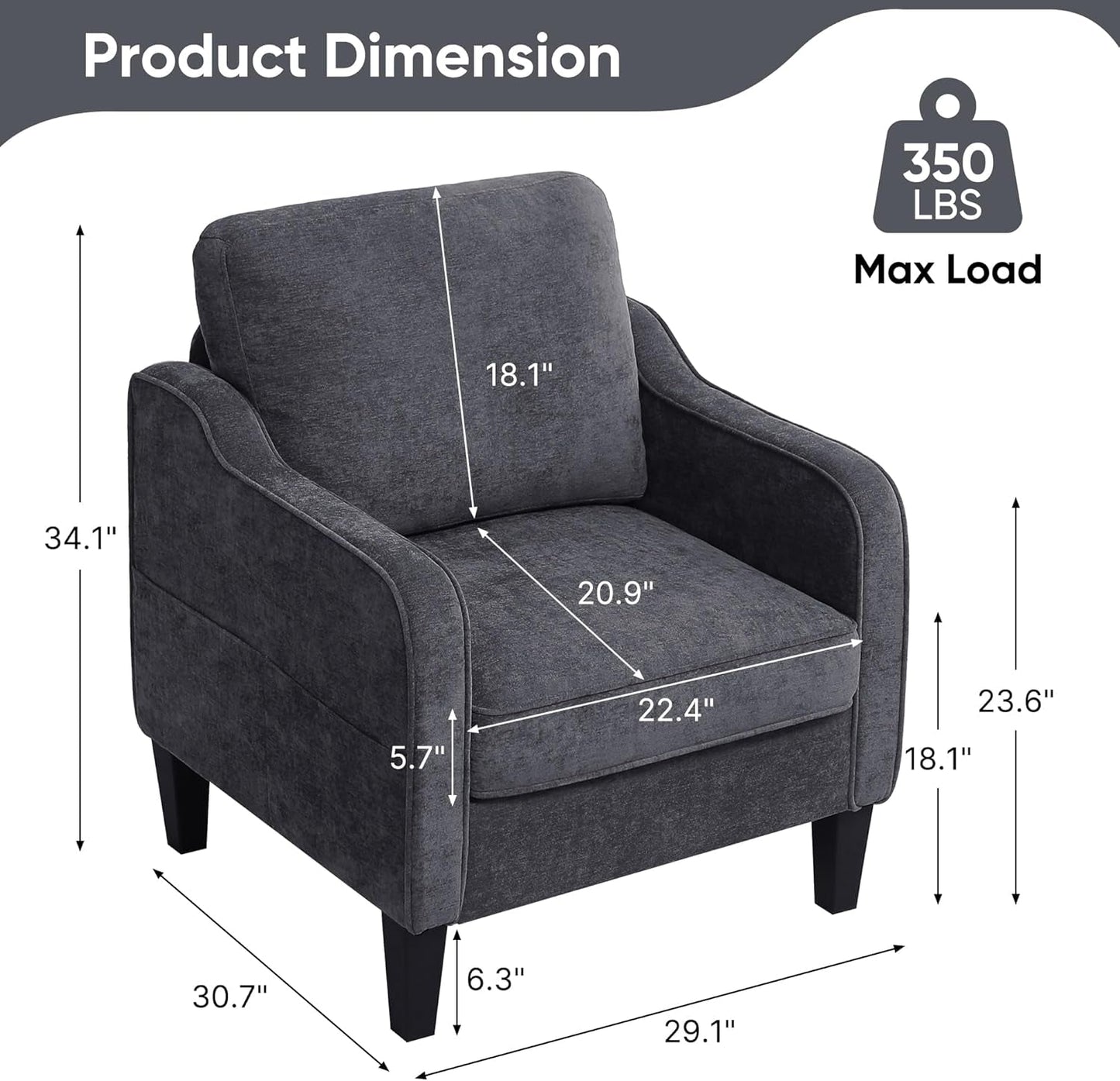 Dark Grey Mid Century Modern Accent Chair For Living Room