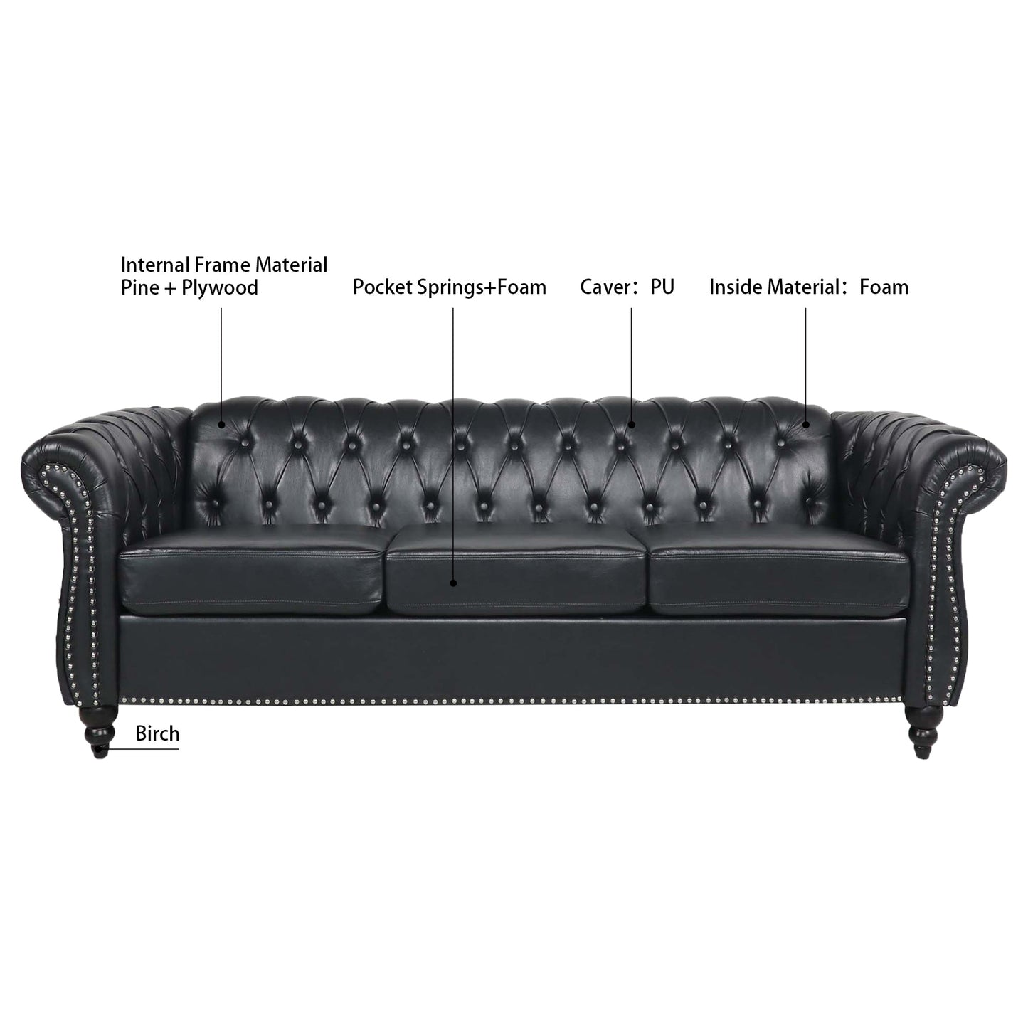 84.65" BLACK PU Rolled Arm Chesterfield Three Seater Sofa