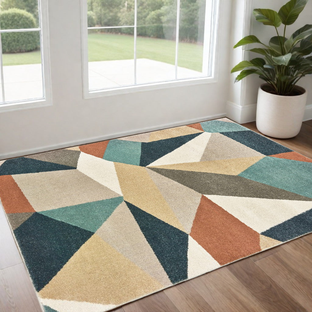 7' X 10' Blue Green Beige Retro Wedge Indoor Area Rug