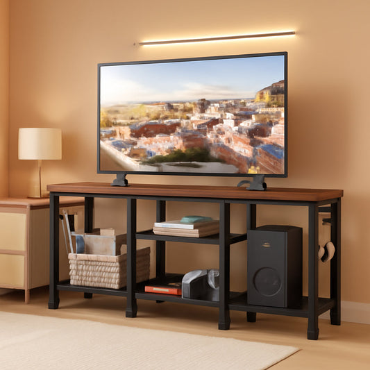 Rustic Brown TV Stand For 55 Inch With Open Storage Shelves