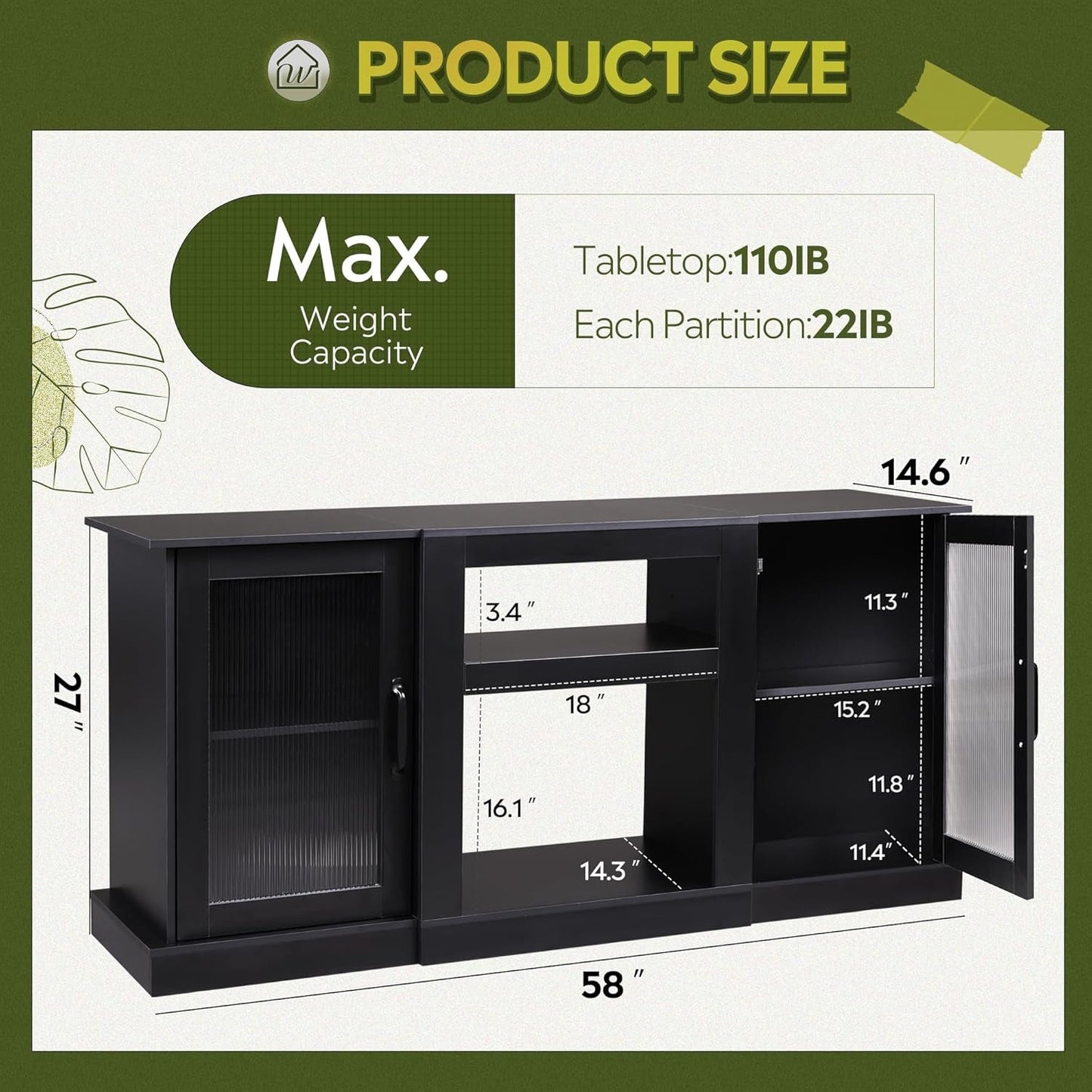 Retro TV Stand For 65 Inch TV With Storage And Open Shelves Black