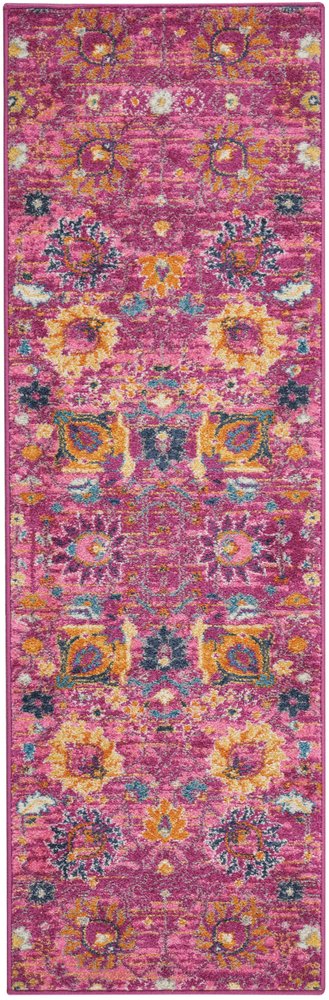6' Fuchsia And Orange Floral Distressed Runner Rug