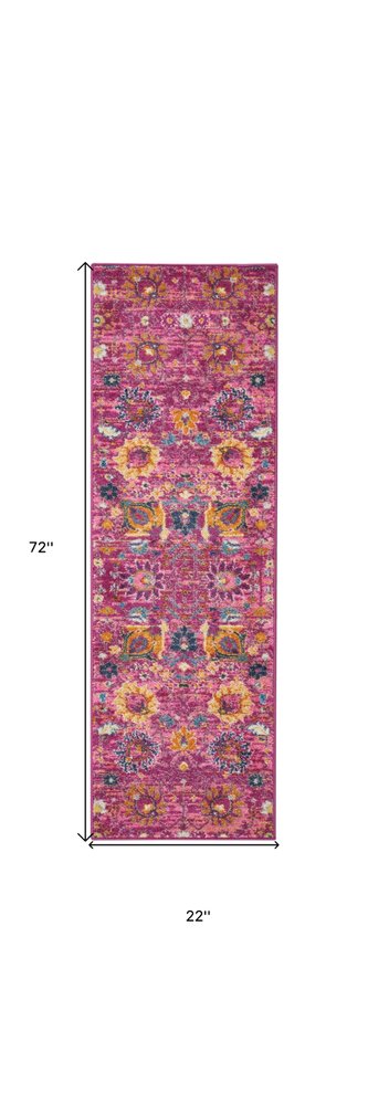 6' Fuchsia And Orange Floral Distressed Runner Rug