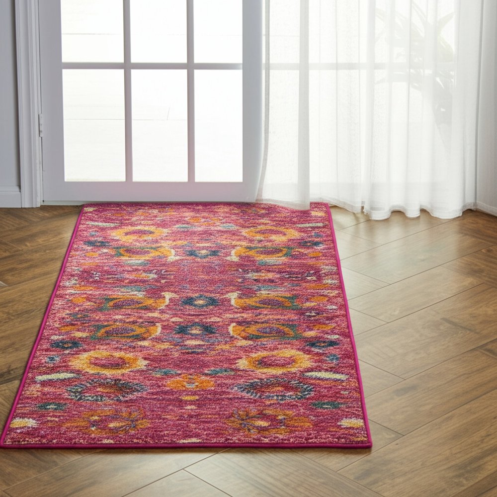 6' Fuchsia And Orange Floral Distressed Runner Rug