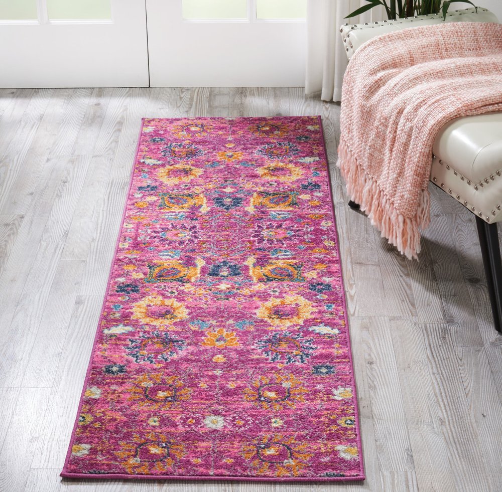 6' Fuchsia And Orange Floral Distressed Runner Rug