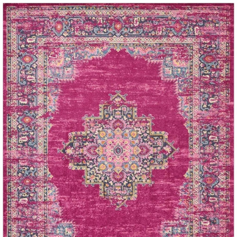 8' X 10' Fuchsia And Blue Oriental Distressed Area Rug