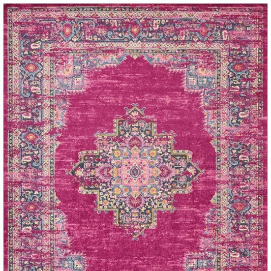 8' X 10' Fuchsia And Blue Oriental Distressed Area Rug