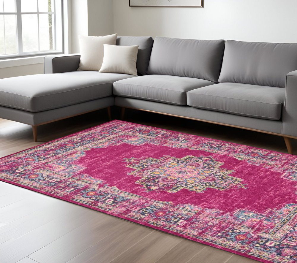 8' X 10' Fuchsia And Blue Oriental Distressed Area Rug