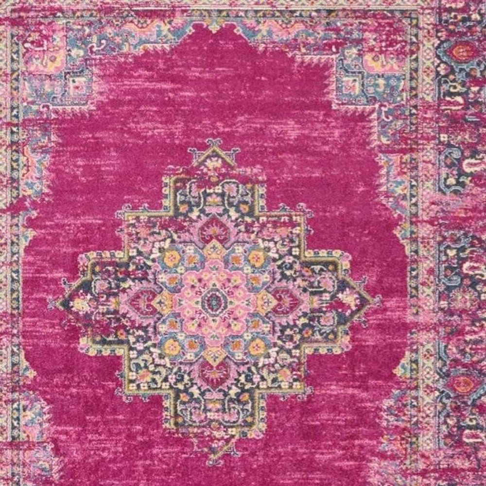 8' X 10' Fuchsia And Blue Oriental Distressed Area Rug