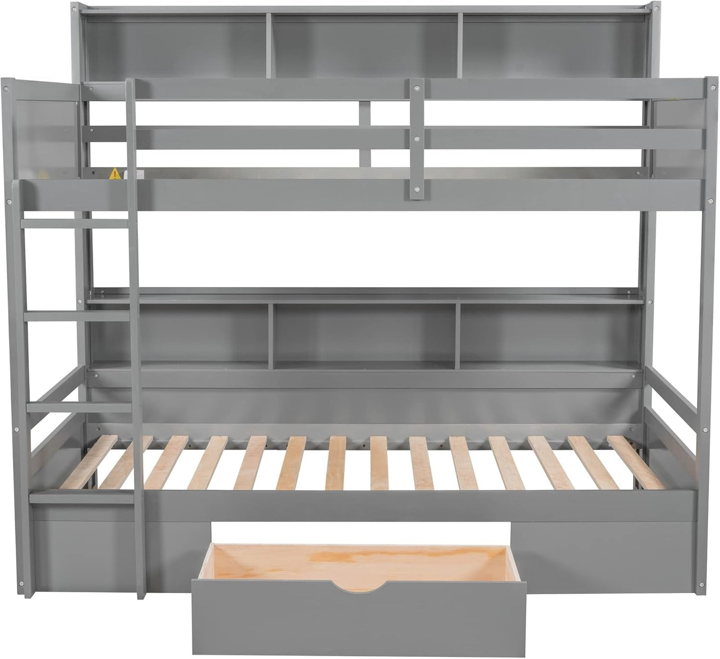 Grey Wood Twin Over Twin Bunk Bed With Storage Shelves And Drawer