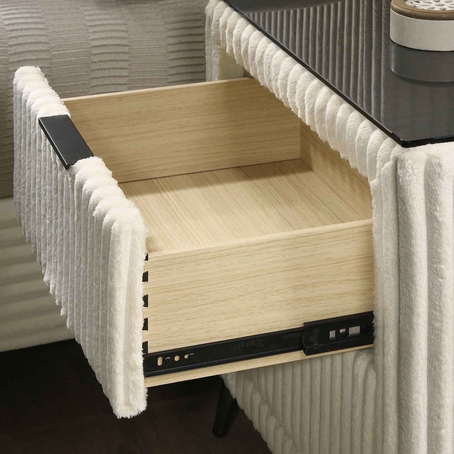Mavela Wide Wale Corduroy Upholstery Panel King Bed with 2 Nightstands, Cream