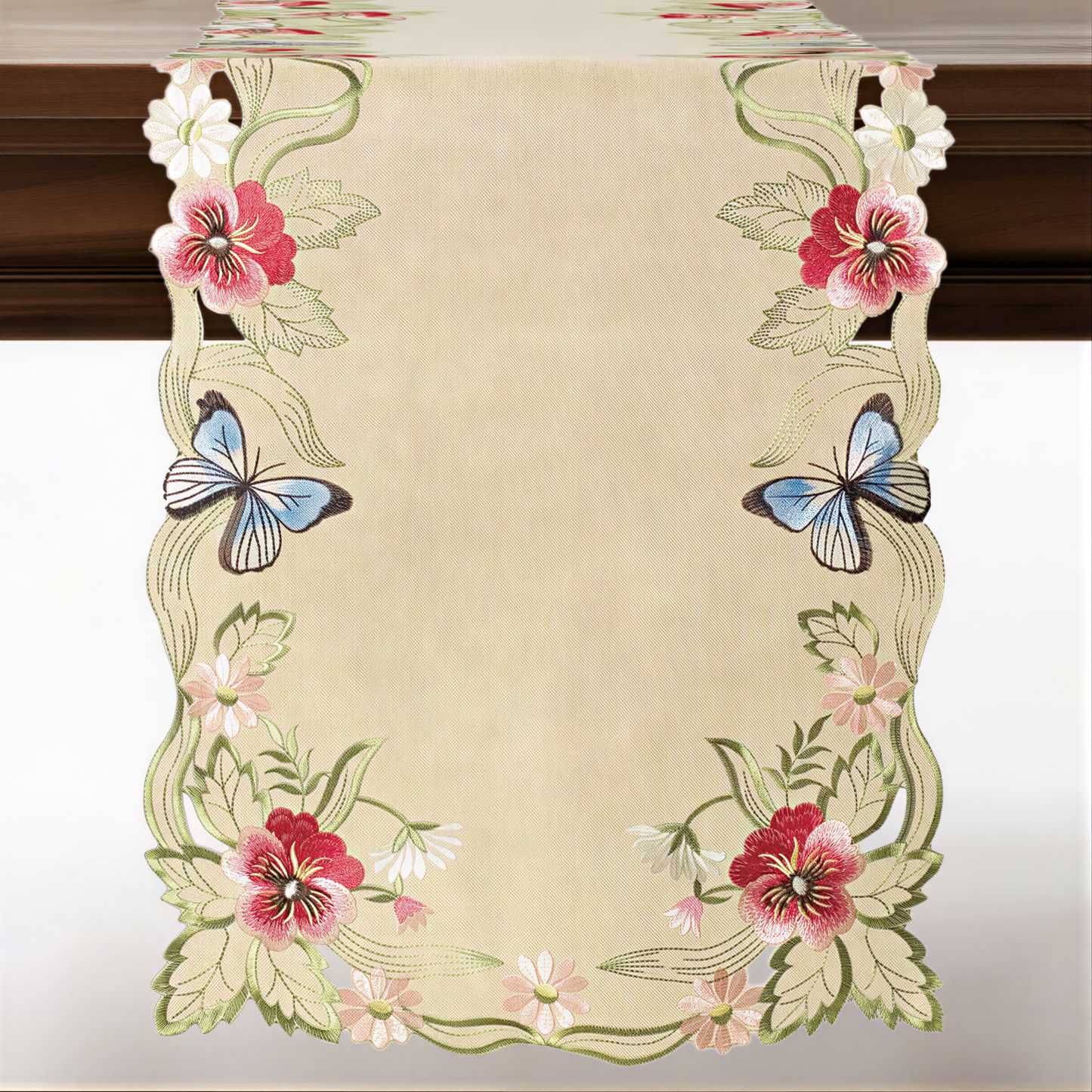 Beige Table Runner – Rustic Embroidered Dining Table Protector 14x108 Inch