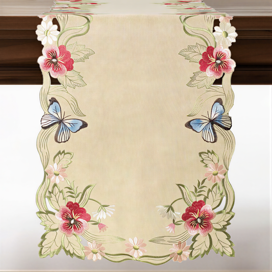 Beige Table Runner – Rustic Embroidered Dining Table Protector 14x108 Inch
