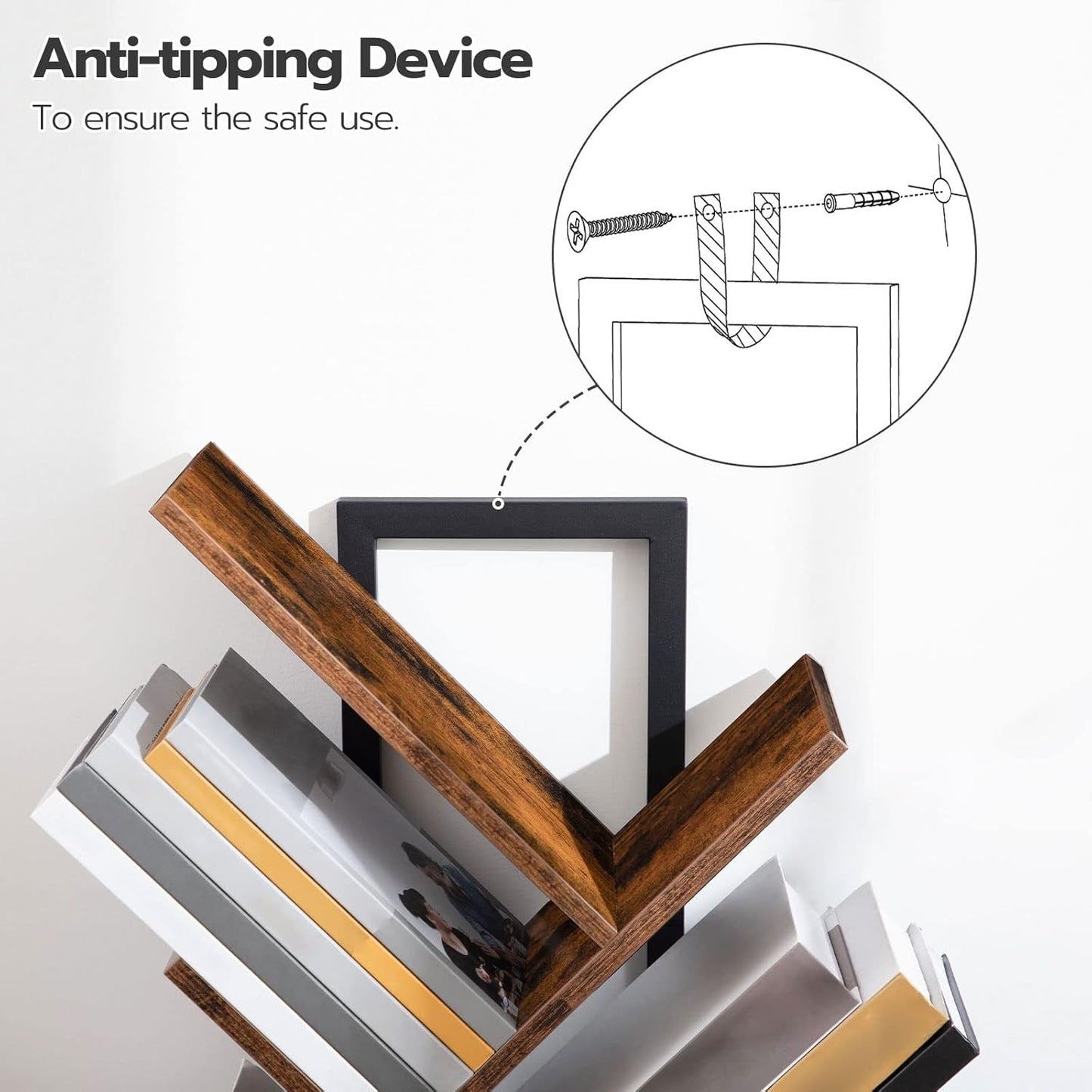 Tree Bookshelf 9 Tier Rustic Brown Living Room Bookcase