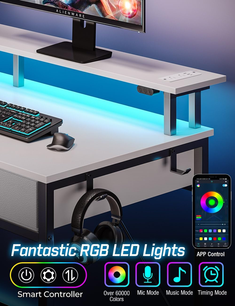 47 Inch White Computer Desk With Power Outlets And LED