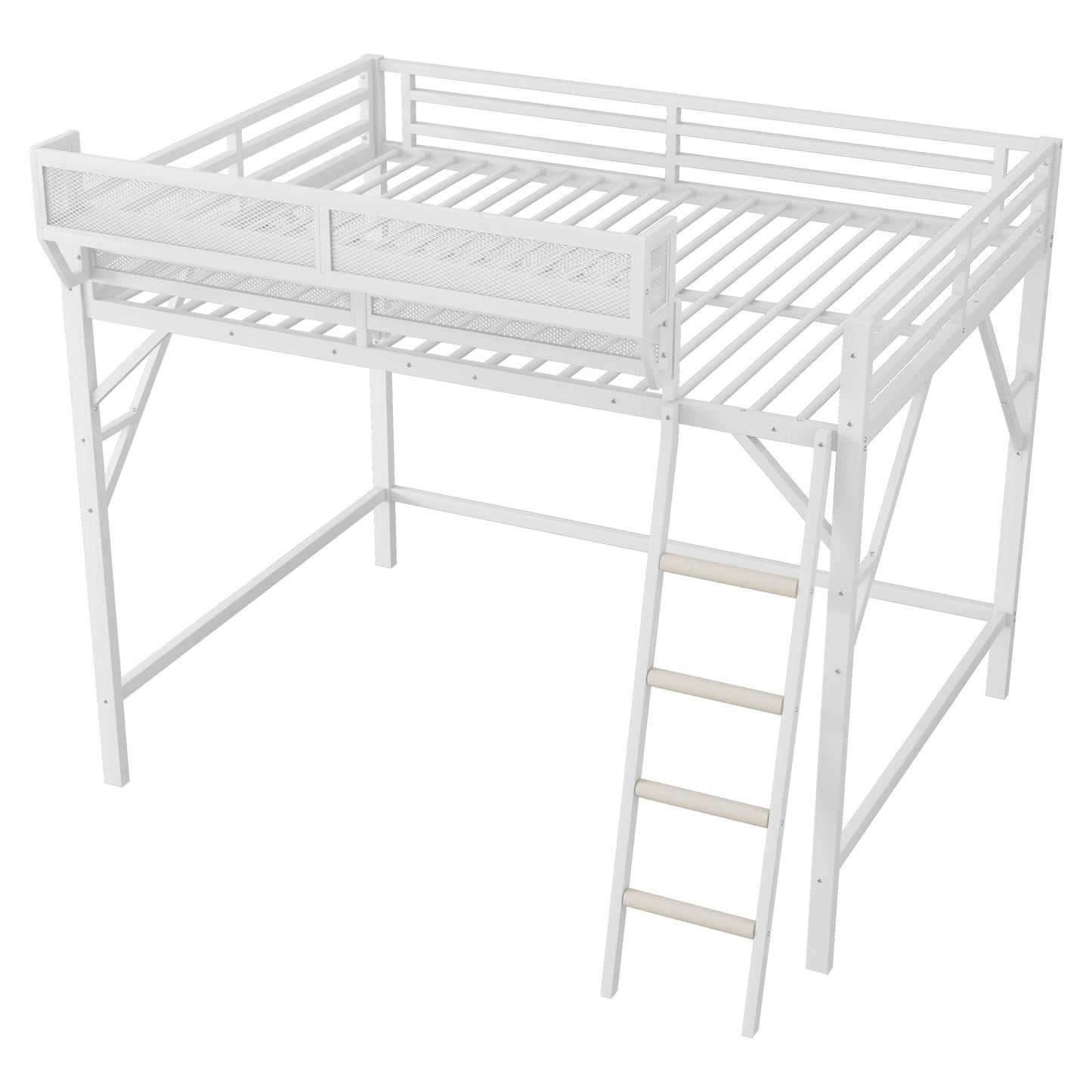 Queen Size Loft Bed with Ladder, Metal Queen Loft Bed with Storage Shelves, High Loft Bed for Kids Teens, White(Expect Arrival Date 2025/12/3  Old SKU W2580P351278)