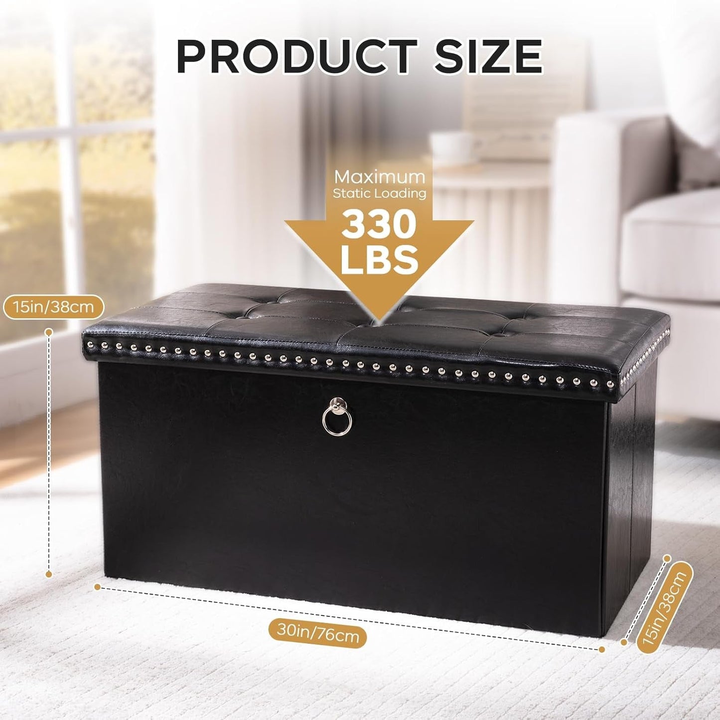 Faux Leather Folding Storage Ottoman 30 Inch Size Black