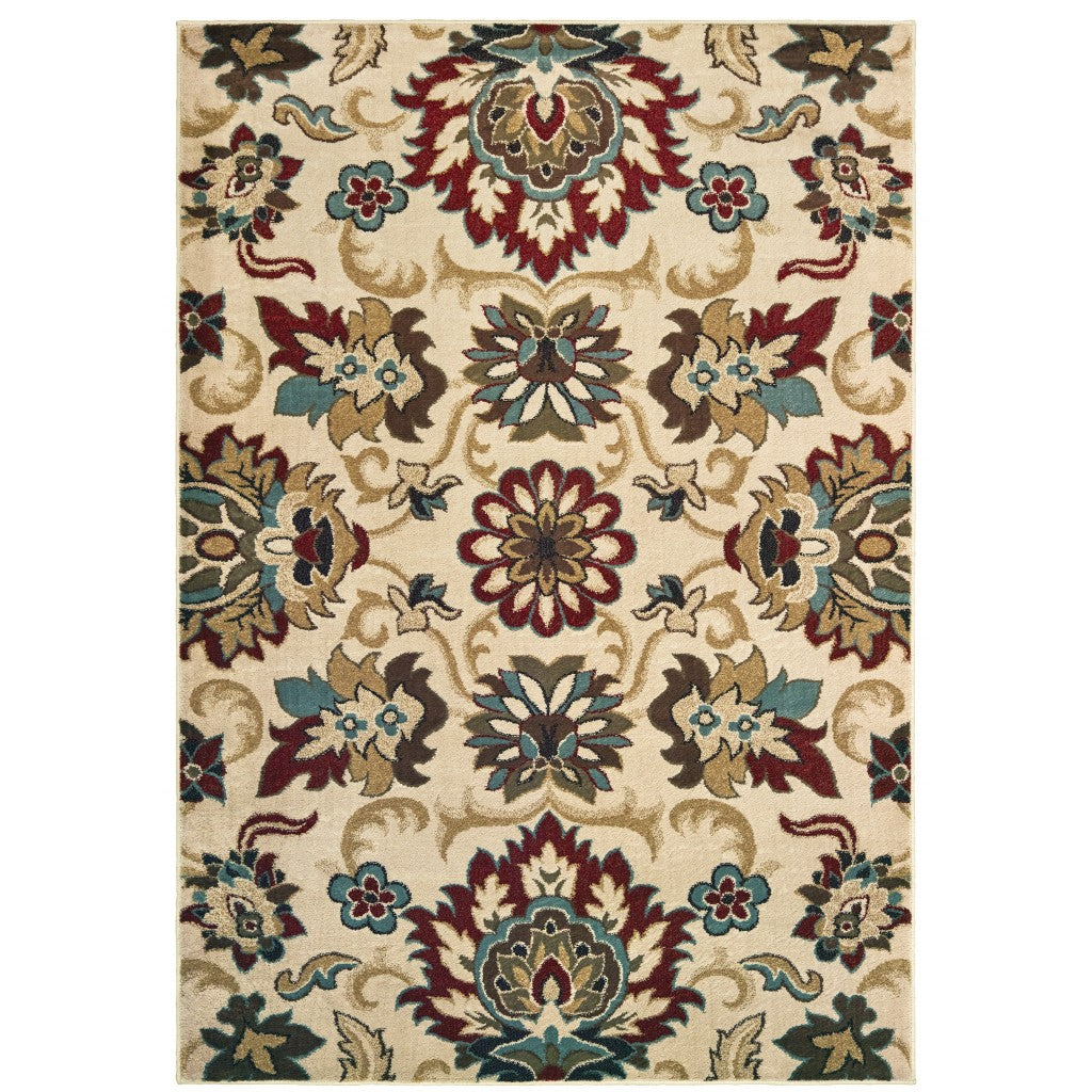5' X 7' Ivory And Red Floral Vines Area Rug