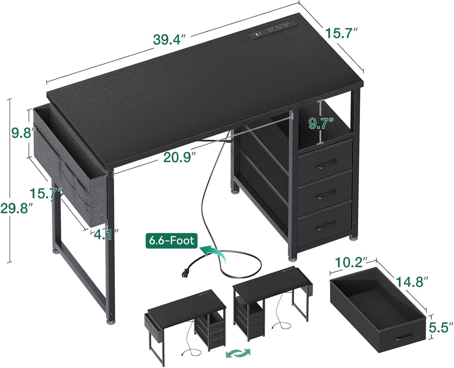 32-Inch Computer Desk With Fabric Drawers And Charging Station Black