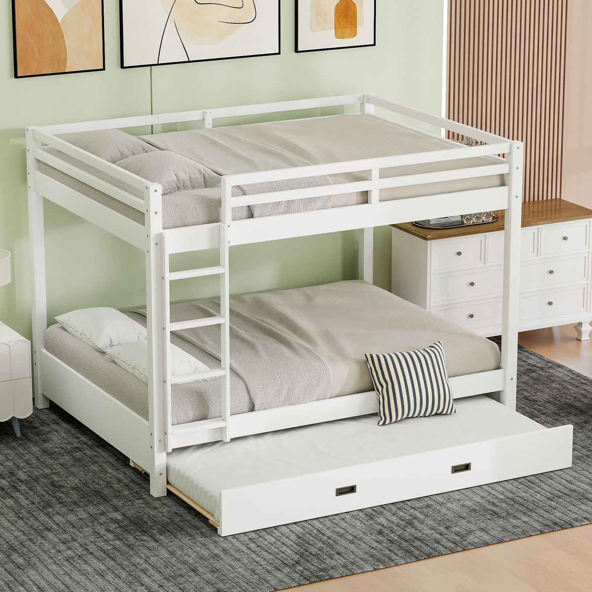 Wood Queen Size Bunk Bed with Ladder and Trundle
