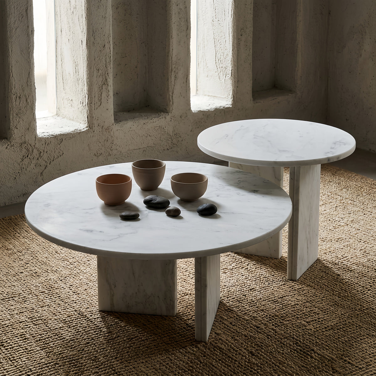 White Semi-Polished Marble Round Nesting Table Set of 2