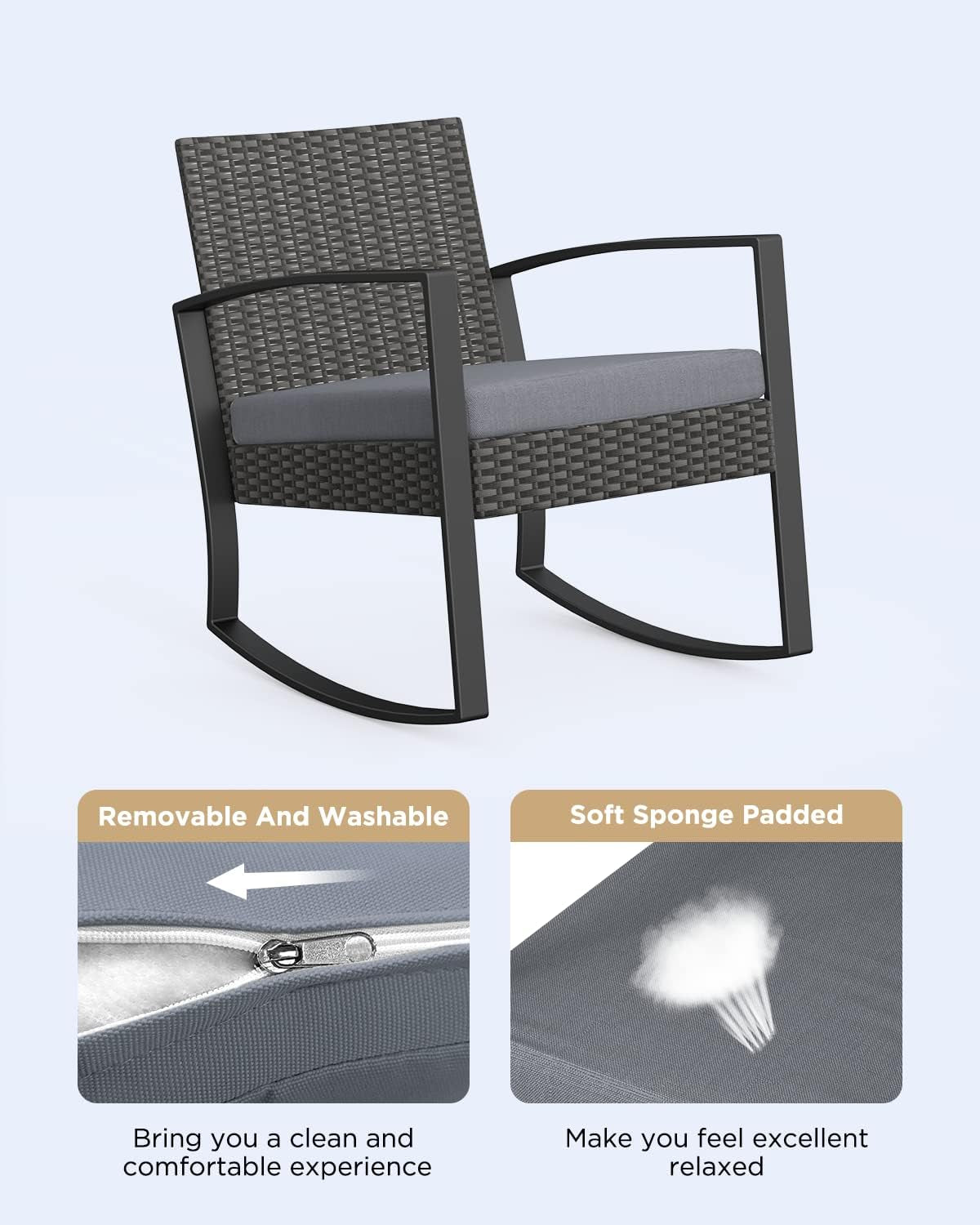 3 Piece Rattan Rocking Bistro Set With Coffee Table Outdoor Patio Furniture Grey Cushions