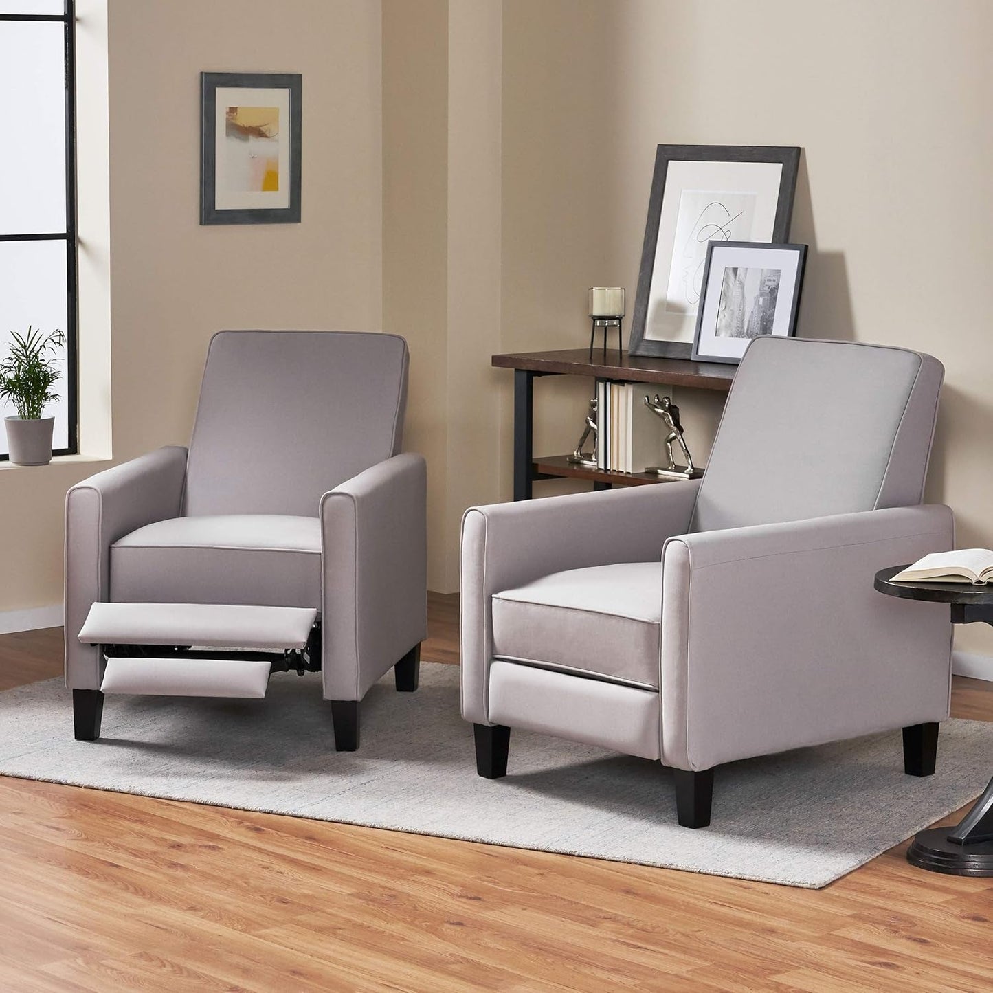Light Gray Fabric Recliner Set 2 Low Profile Chairs