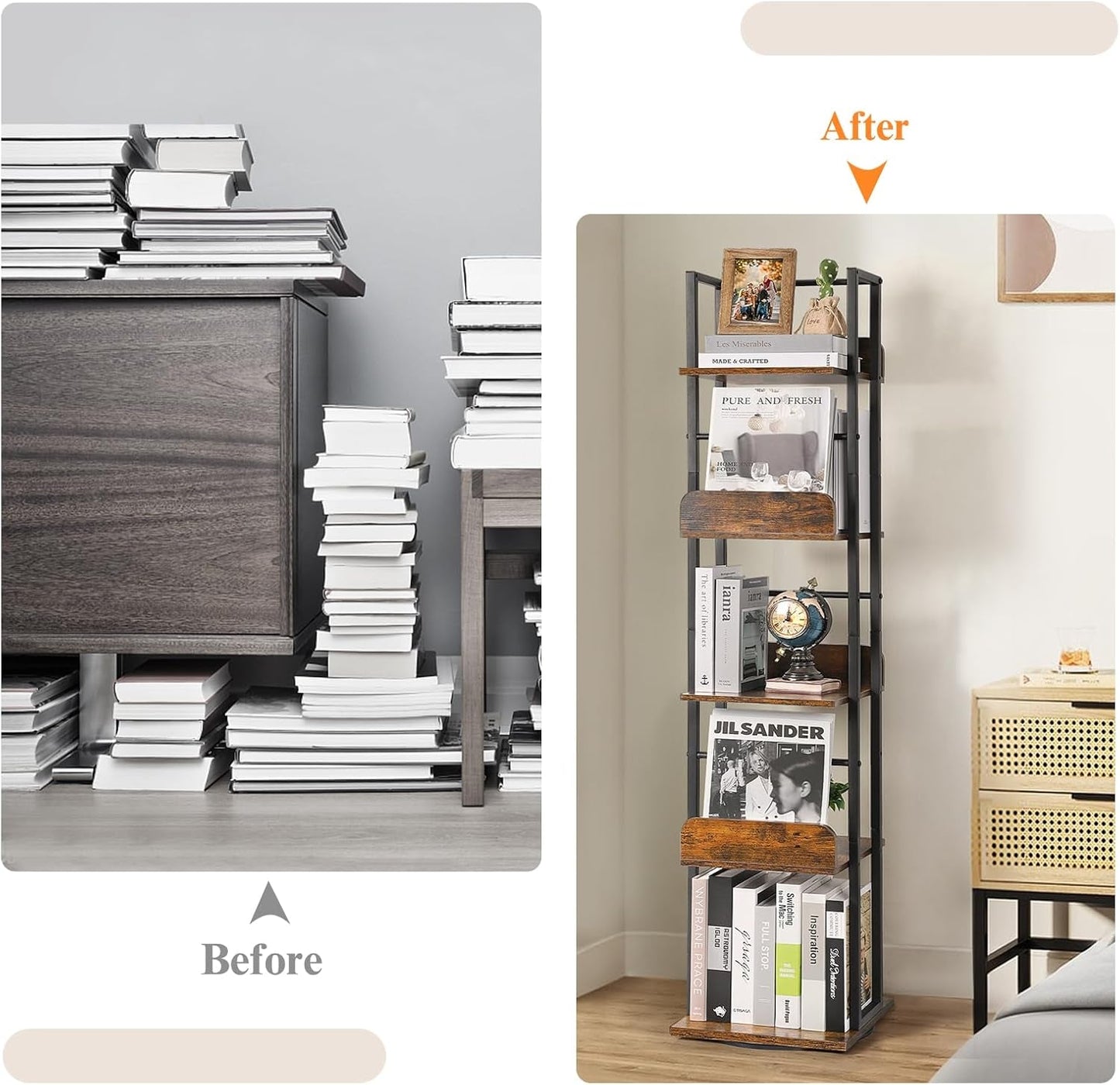 Black 5-Shelf 360 Degree Rotating Corner Bookshelf Tower