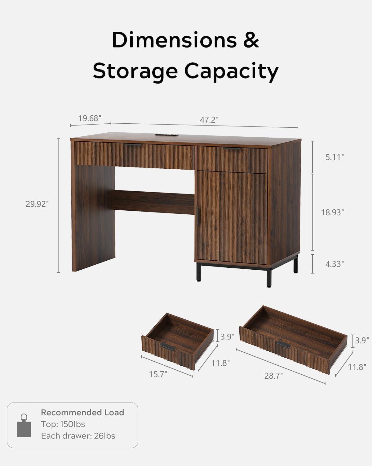 Brown 47 Inch Fluted Executive Desk Charging Station