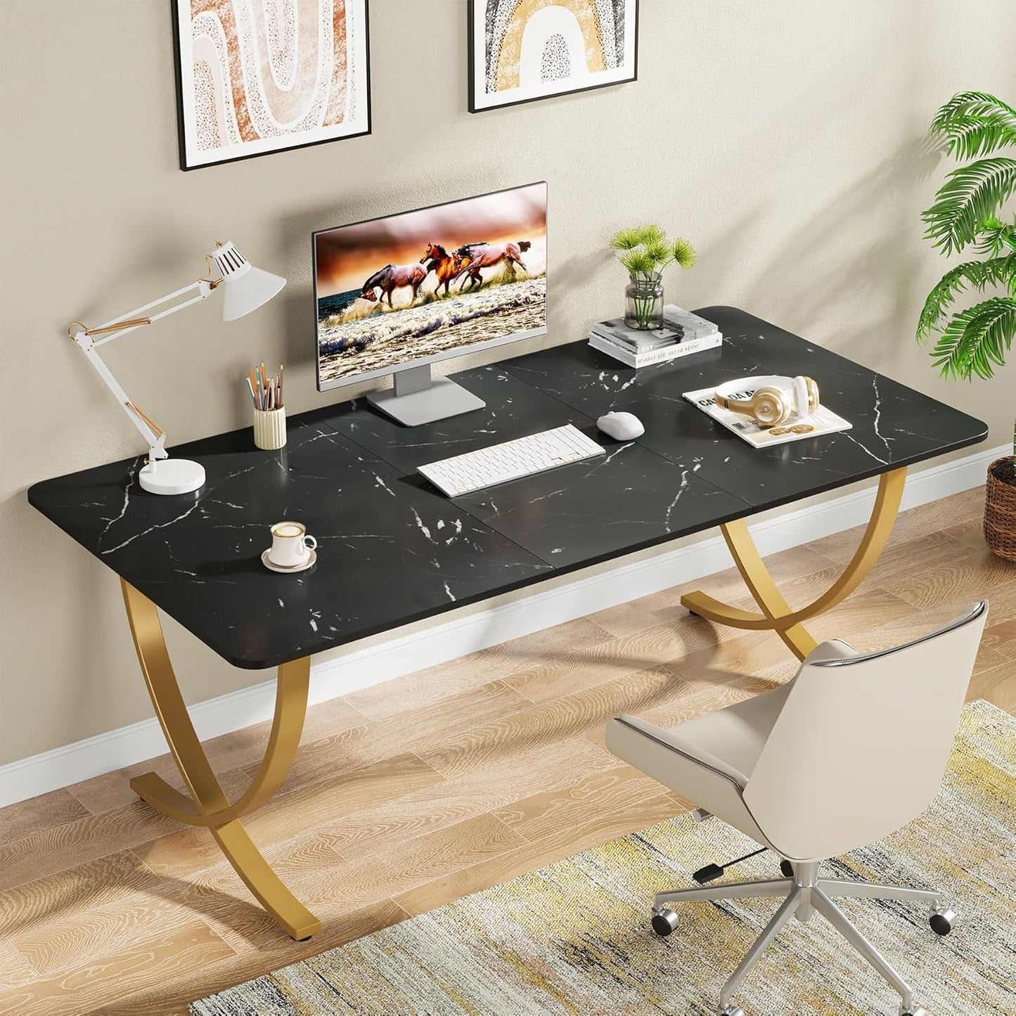 Executive Desk 63 Inch Wide Black And Gold Office Desk